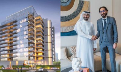 Composite image showing a modern glass‑façade residential building by Merath Development on the left, and on the right, two individuals in formal attire shaking hands inside a contemporary office setting with modern artwork and furniture