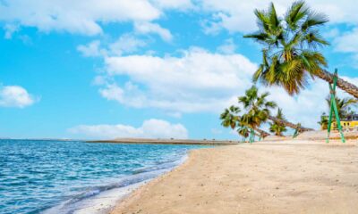A calm sandy beach at VOCO Dubai Monaco with clear turquoise water, leaning palm trees supported by green braces, and a bright blue sky with scattered white clouds.