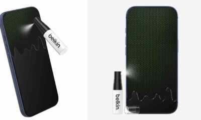 BELKIN LiquidGuard screen protection being sprayed onto a smartphone display, showing liquid coating applied across the glass surface