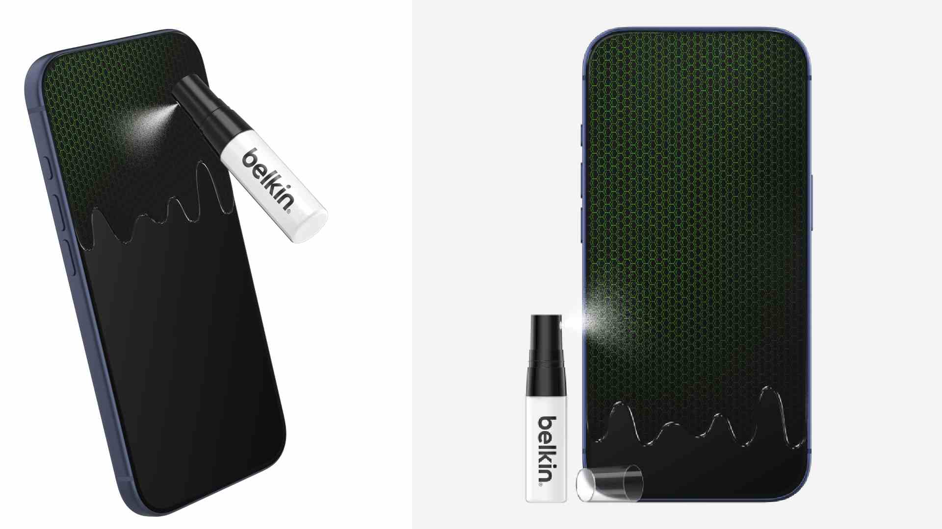 BELKIN LiquidGuard screen protection being sprayed onto a smartphone display, showing liquid coating applied across the glass surface