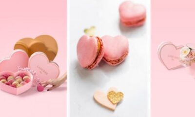 Ladurée Valentine’s macaron gift boxes displayed on a pink background, featuring heart-shaped pink macarons, branded pastel boxes, and delicate floral ribbon accents.