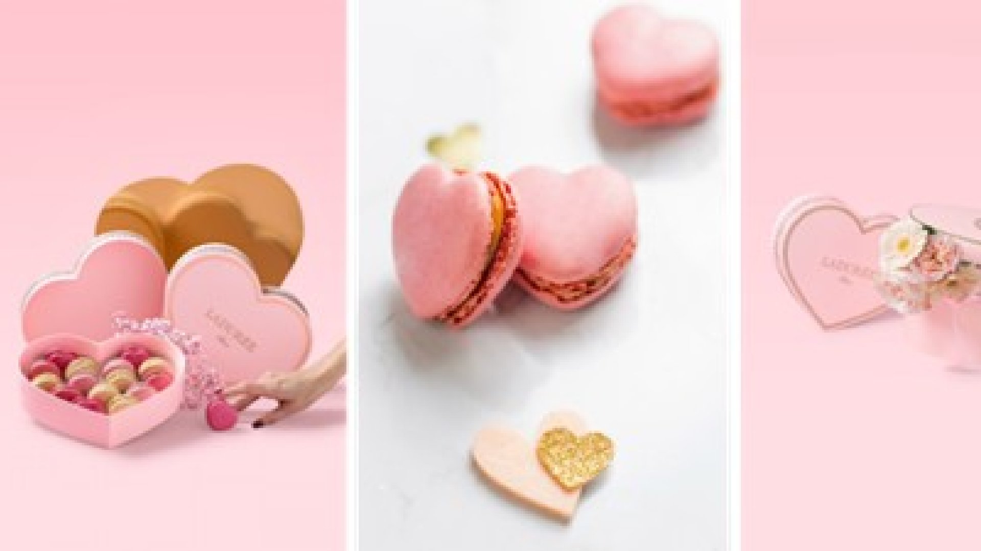 Ladurée Valentine’s macaron gift boxes displayed on a pink background, featuring heart-shaped pink macarons, branded pastel boxes, and delicate floral ribbon accents.