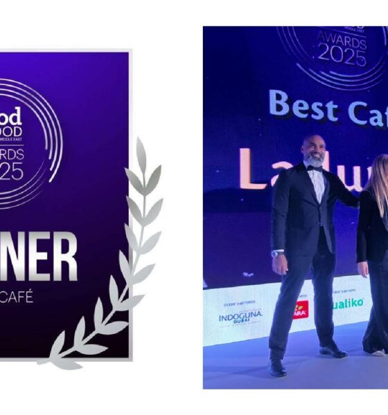 Ladurée team receiving the Best Café award on stage at the BBC Good Food Middle East Awards 2025, holding the trophy beside the official winner backdrop
