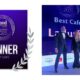 Ladurée team receiving the Best Café award on stage at the BBC Good Food Middle East Awards 2025, holding the trophy beside the official winner backdrop