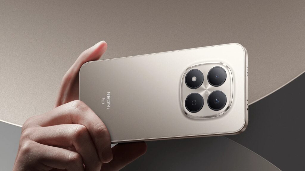 A promotional image for the Redmi Note 15 series featuring a smartphone with a Mocha Brown vegan leather back and a large circular camera module. The device is shown dramatically emerging from dark, jagged rocks and splashing water against a white background to emphasize its rugged durability.