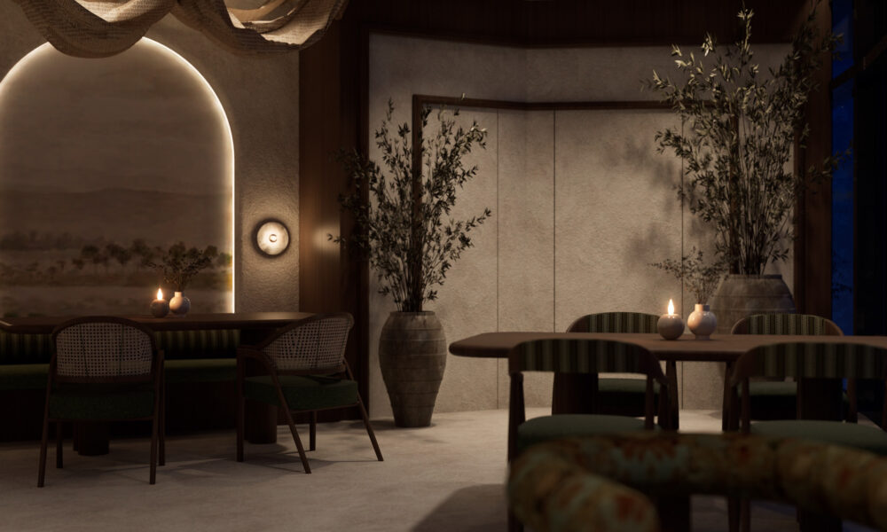 Interior seating area at Rooh by Priya featuring arched wall niche, candle-lit tables, green upholstered chairs, textured walls, and potted plants in a softly lit dining space.