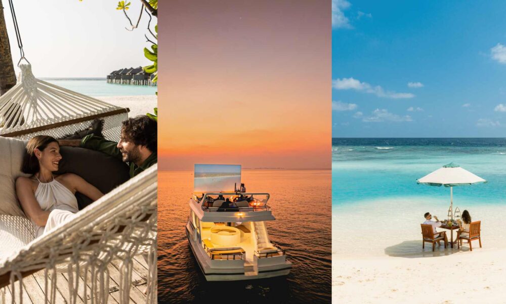 Couple relaxing in a beachfront hammock, a luxury yacht cruising at sunset, and a private beach dining setup by turquoise waters at Sun Siyam resort