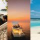 Couple relaxing in a beachfront hammock, a luxury yacht cruising at sunset, and a private beach dining setup by turquoise waters at Sun Siyam resort