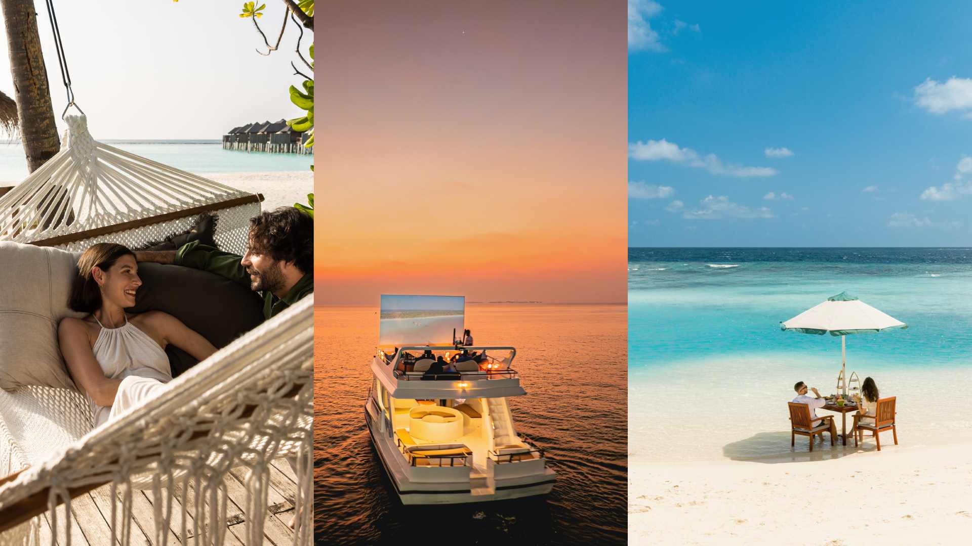 Couple relaxing in a beachfront hammock, a luxury yacht cruising at sunset, and a private beach dining setup by turquoise waters at Sun Siyam resort
