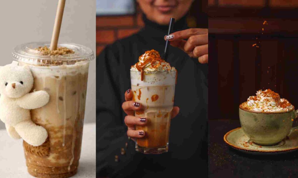 Iced Biscoff latte in a clear plastic cup with a straw, topped with Biscoff crumbs, featuring a small teddy bear attached to the cup at The Big Chill Café.