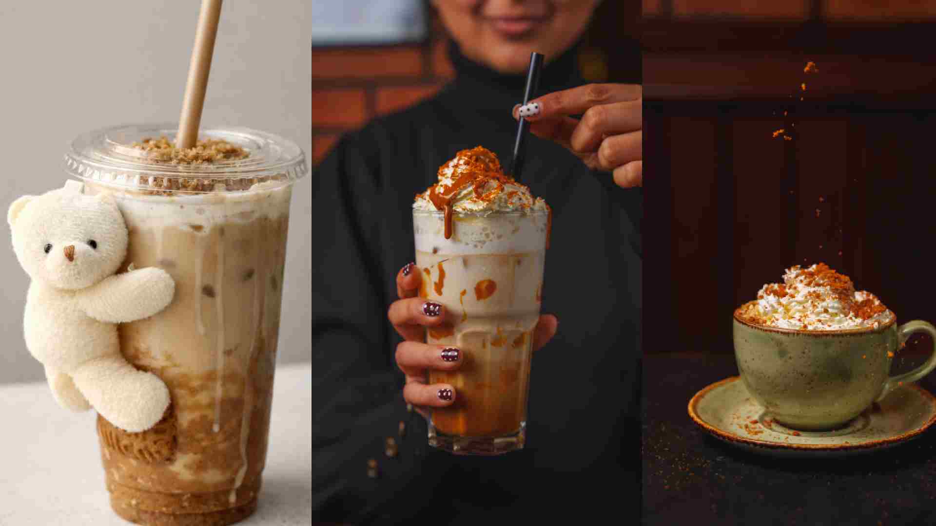 Iced Biscoff latte in a clear plastic cup with a straw, topped with Biscoff crumbs, featuring a small teddy bear attached to the cup at The Big Chill Café.