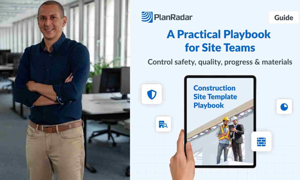 PlanRadar promotional graphic showing a construction site templates playbook displayed on a tablet, highlighting safety, quality, progress and materials control for site teams.