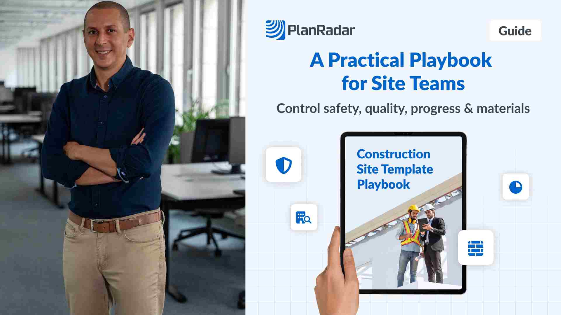 PlanRadar promotional graphic showing a construction site templates playbook displayed on a tablet, highlighting safety, quality, progress and materials control for site teams.