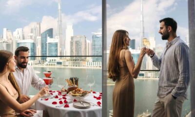 Couple enjoying a private balcony dining experience at InterContinental Residences, seated at a round table with rose petals, cocktails, and plated dishes, overlooking the Dubai Canal and Burj Khalifa skyline, with another scene showing the couple standing by floor-to-ceiling windows clinking glasses against the city view.