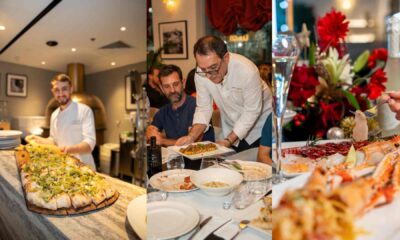 Chefs presenting freshly prepared Italian dishes at LUNAROSSA, featuring a long truffle pizza on a marble counter, a plated pasta dish served at a dining table, and a close-up of a seafood dish with prawns and garnish.