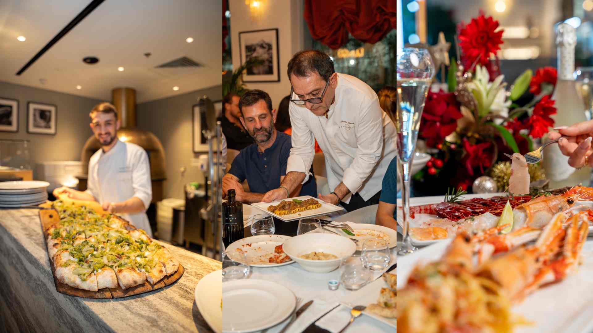 Chefs presenting freshly prepared Italian dishes at LUNAROSSA, featuring a long truffle pizza on a marble counter, a plated pasta dish served at a dining table, and a close-up of a seafood dish with prawns and garnish.