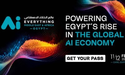 Promotional banner for AI Everything Egypt featuring PNY Technologies branding, colorful digital wave visuals, the message “Powering Egypt’s Rise in the Global AI Economy,” a “Get Your Pass” call-to-action, and event details dated February 11–12, 2026 in Cairo, Egypt.