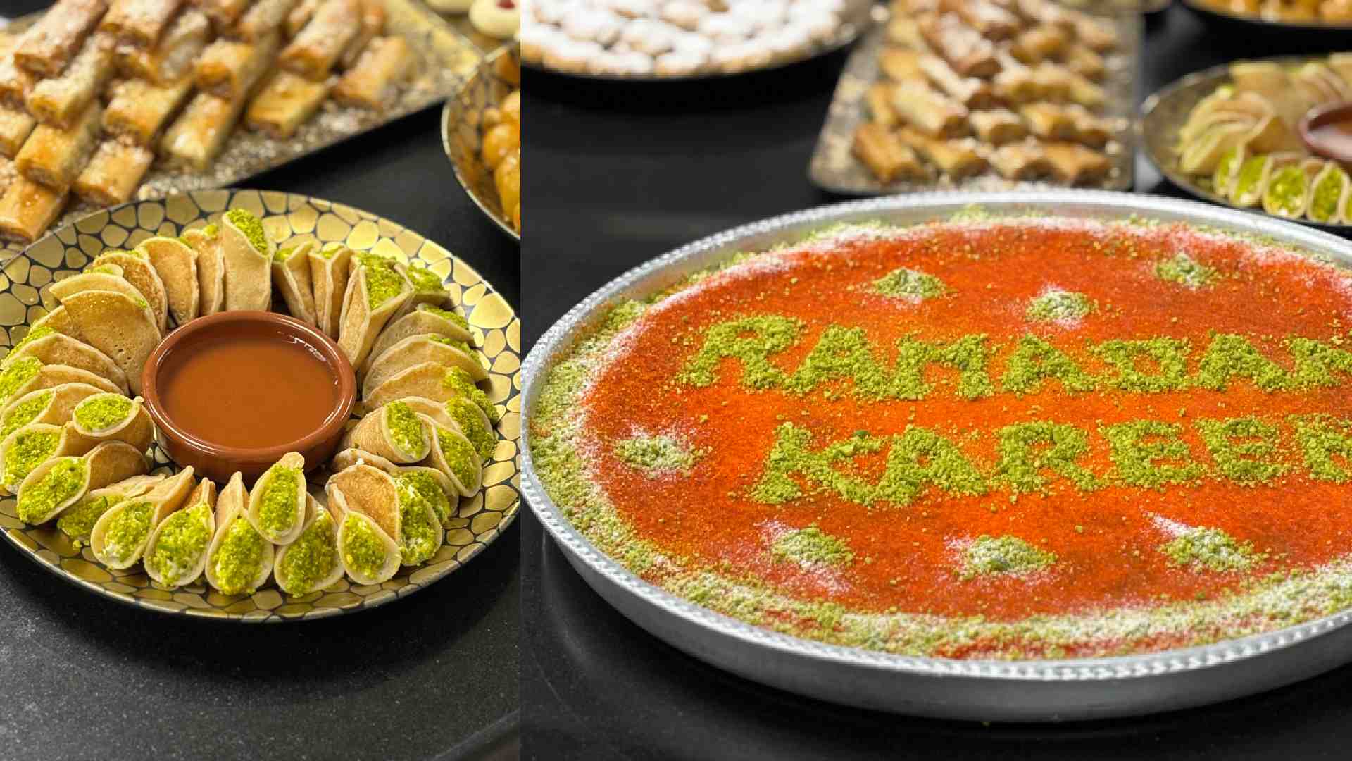 Mediterranean Ramadan dessert display at Holiday Inn Dubai Al Maktoum Airport featuring kataifi, pistachio pastries, and a large tray of knafeh decorated with “Ramadan Kareem” in pistachio powder.
