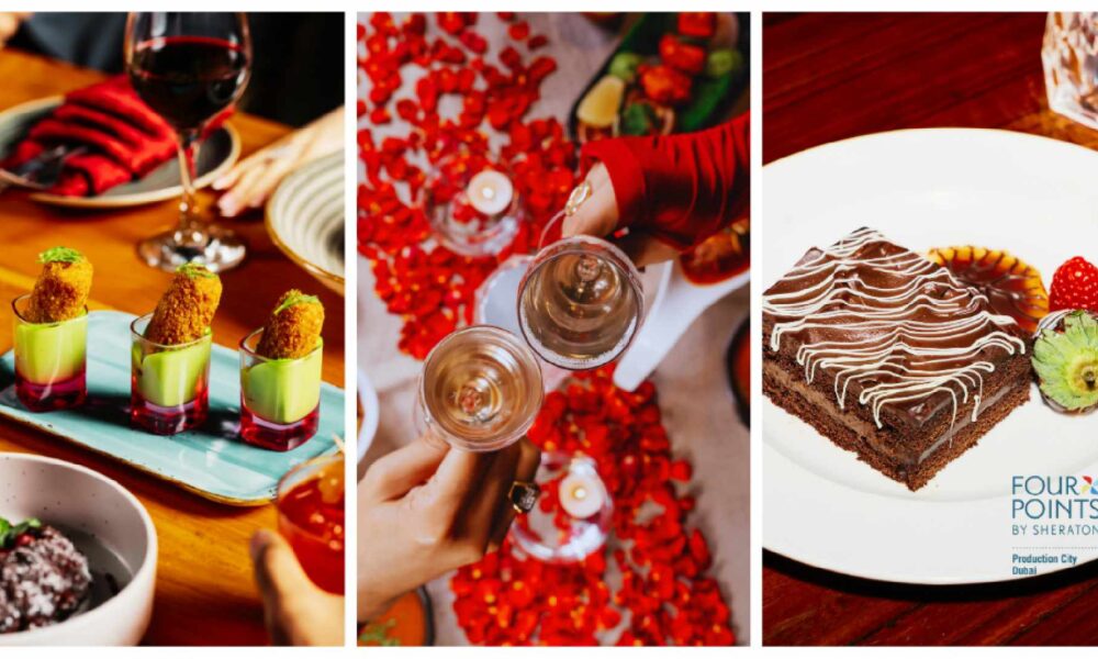 Valentine’s dining experience at Four Points by Sheraton featuring gourmet dishes, wine toast, and chocolate dessert with romantic table décor
