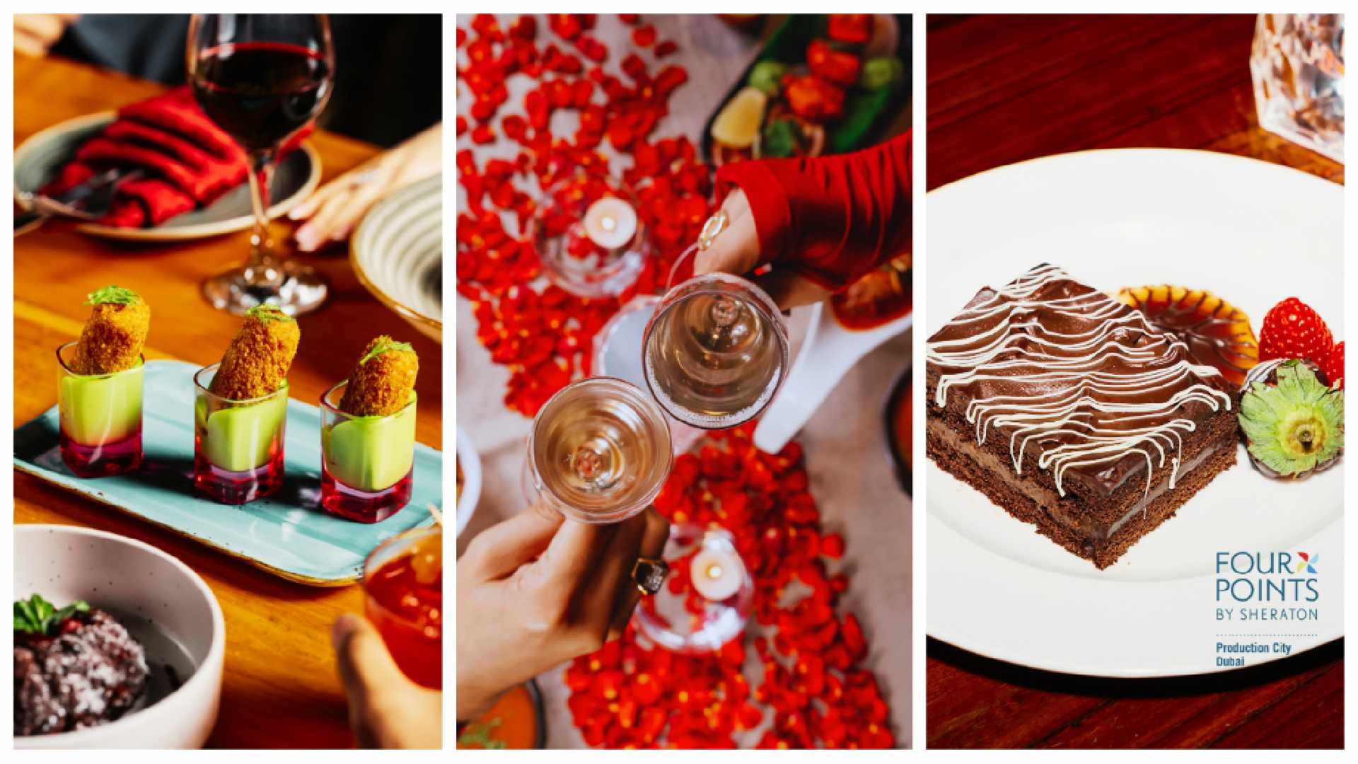 Valentine’s dining experience at Four Points by Sheraton featuring gourmet dishes, wine toast, and chocolate dessert with romantic table décor