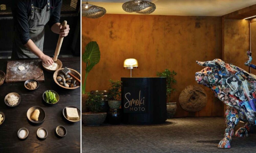 Split image showing a chef preparing Korean dumplings and dough with ingredients on a table, alongside SMOKI MOTO restaurant interior with reception desk and a colorful bull sculpture.