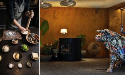 Split image showing a chef preparing Korean dumplings and dough with ingredients on a table, alongside SMOKI MOTO restaurant interior with reception desk and a colorful bull sculpture.