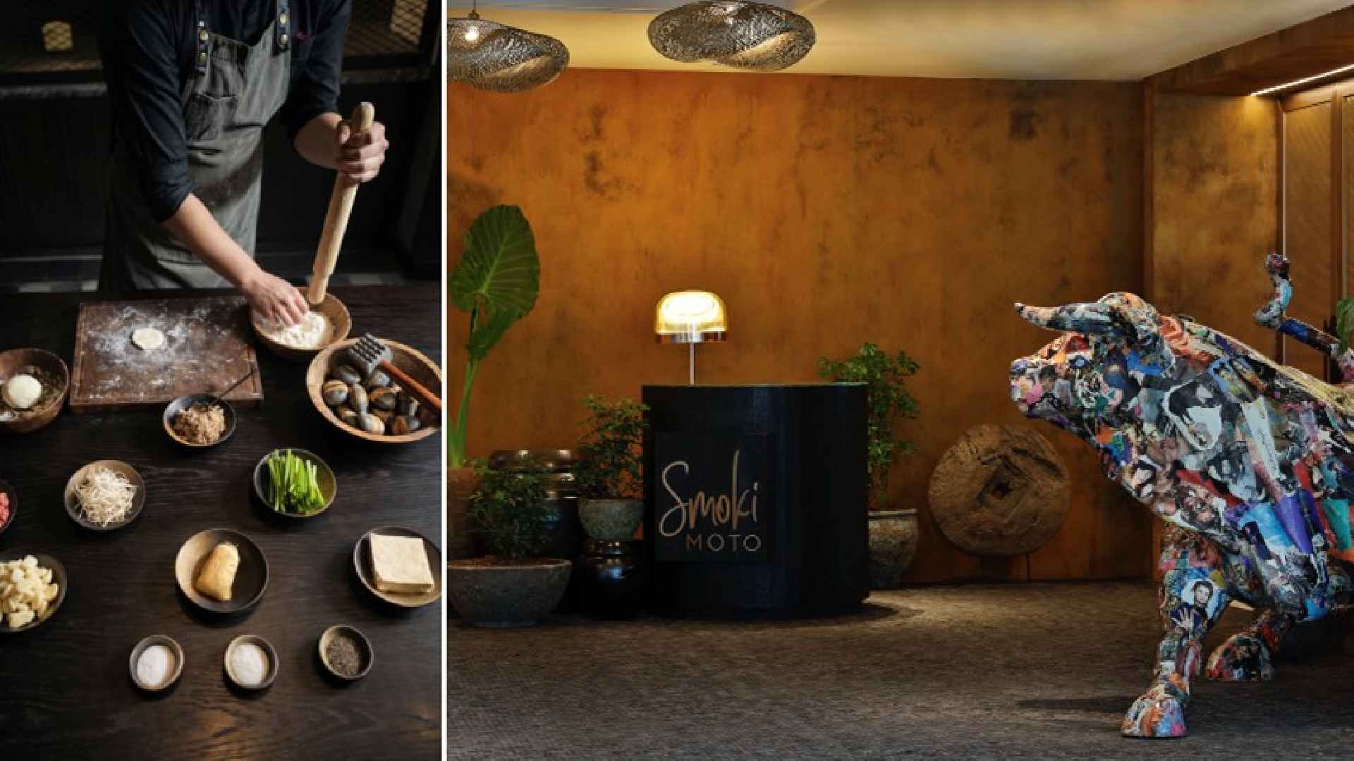 Split image showing a chef preparing Korean dumplings and dough with ingredients on a table, alongside SMOKI MOTO restaurant interior with reception desk and a colorful bull sculpture.