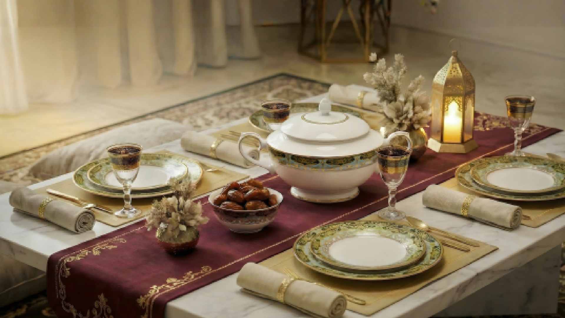 Ramadan dining table set by JASHANMAL featuring elegant dinnerware, dates bowl, lantern, and coordinated table linens for iftar.