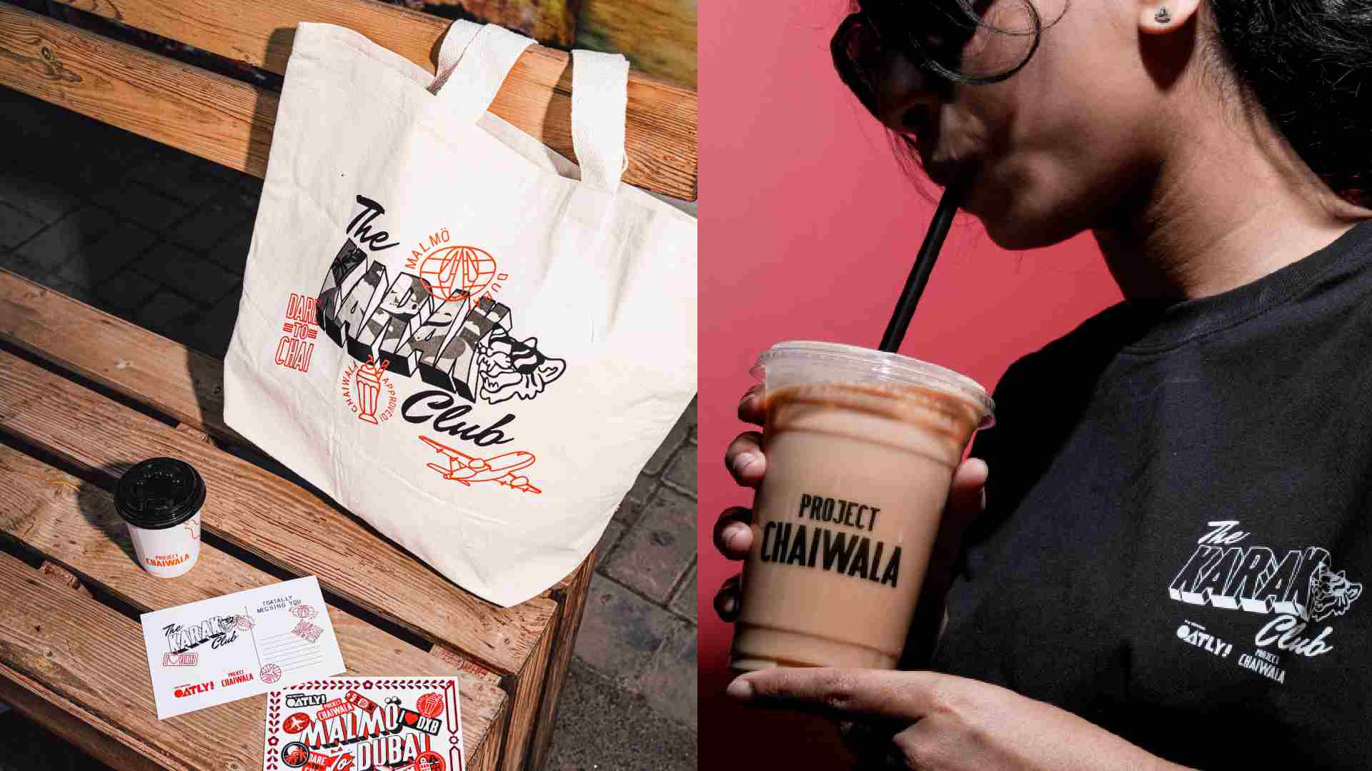 Project Chaiwala branded takeaway iced chai cup, canvas tote bag, and rolling suitcase covered with brand stickers being carried while walking through an airport terminal