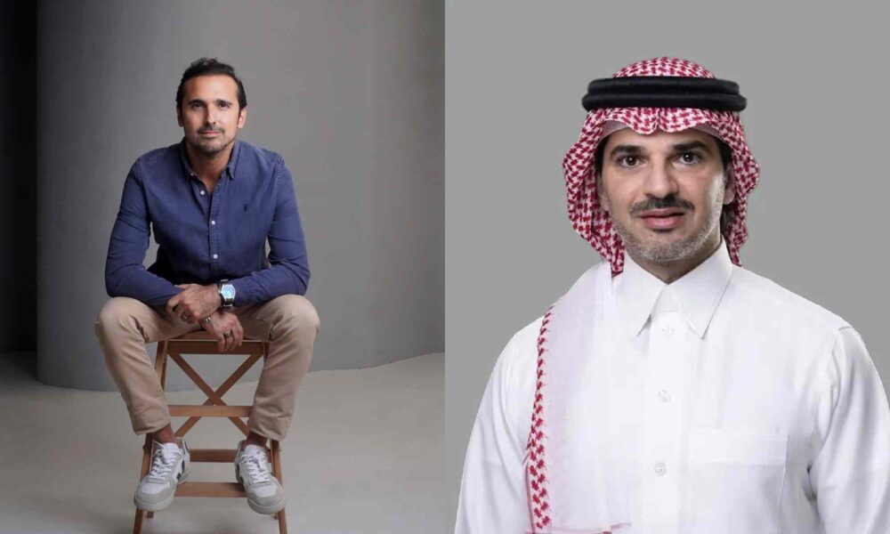 Studio promotional image from Investcorp showing two individuals side by side against neutral grey backgrounds, one seated on a wooden chair wearing casual business attire, and one standing wearing traditional Saudi attire including a thobe and ghutra.