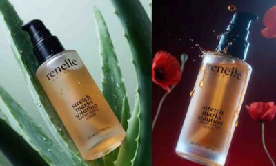 Renelle Cosmetics stretch mark serum bottles shown in two scenes, one placed on fresh aloe vera leaves with water droplets and the other suspended against a dark background with red flowers, highlighting the water‑based serum texture and packaging.