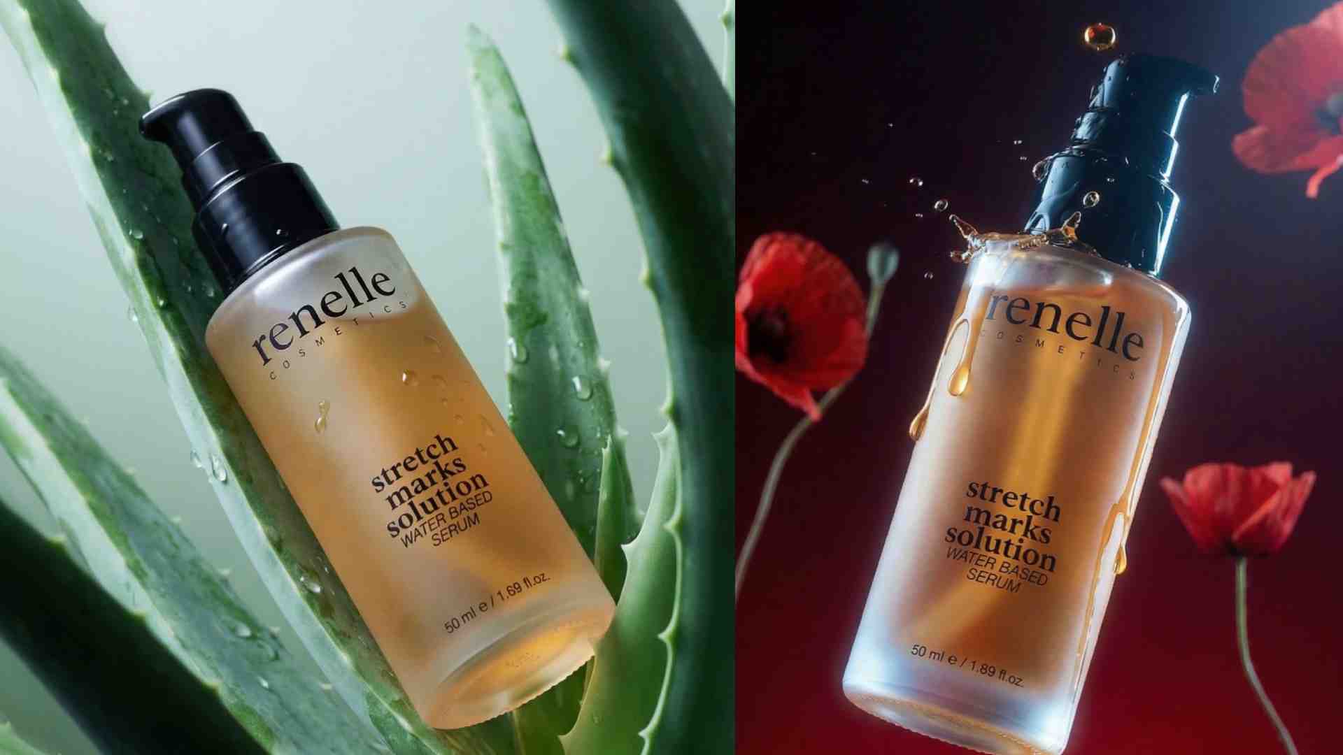 Renelle Cosmetics stretch mark serum bottles shown in two scenes, one placed on fresh aloe vera leaves with water droplets and the other suspended against a dark background with red flowers, highlighting the water‑based serum texture and packaging.