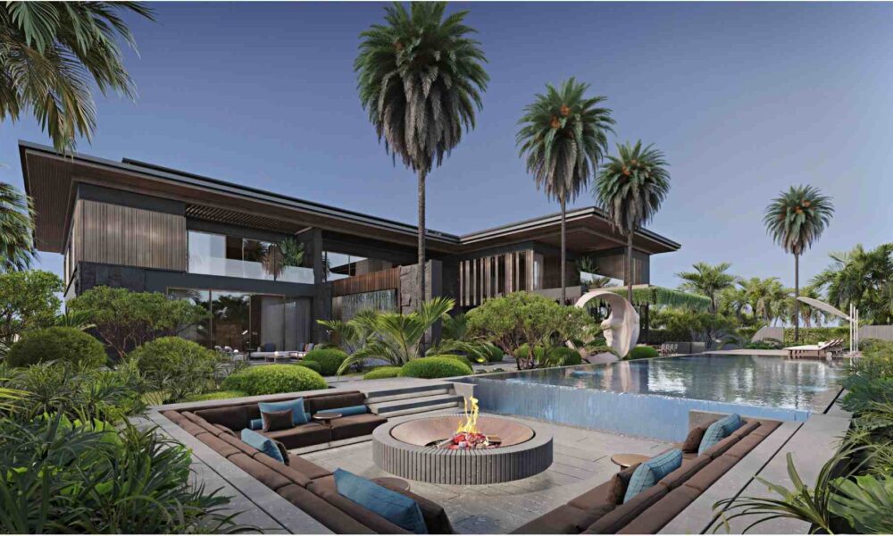 A modern luxury villa designed by NKEY Architects featuring a two‑storey contemporary structure with wood and glass facades, surrounded by palm trees, landscaped greenery, an infinity‑style swimming pool, a sculptural outdoor art piece, and a sunken seating area with a central fire pit in the foreground.