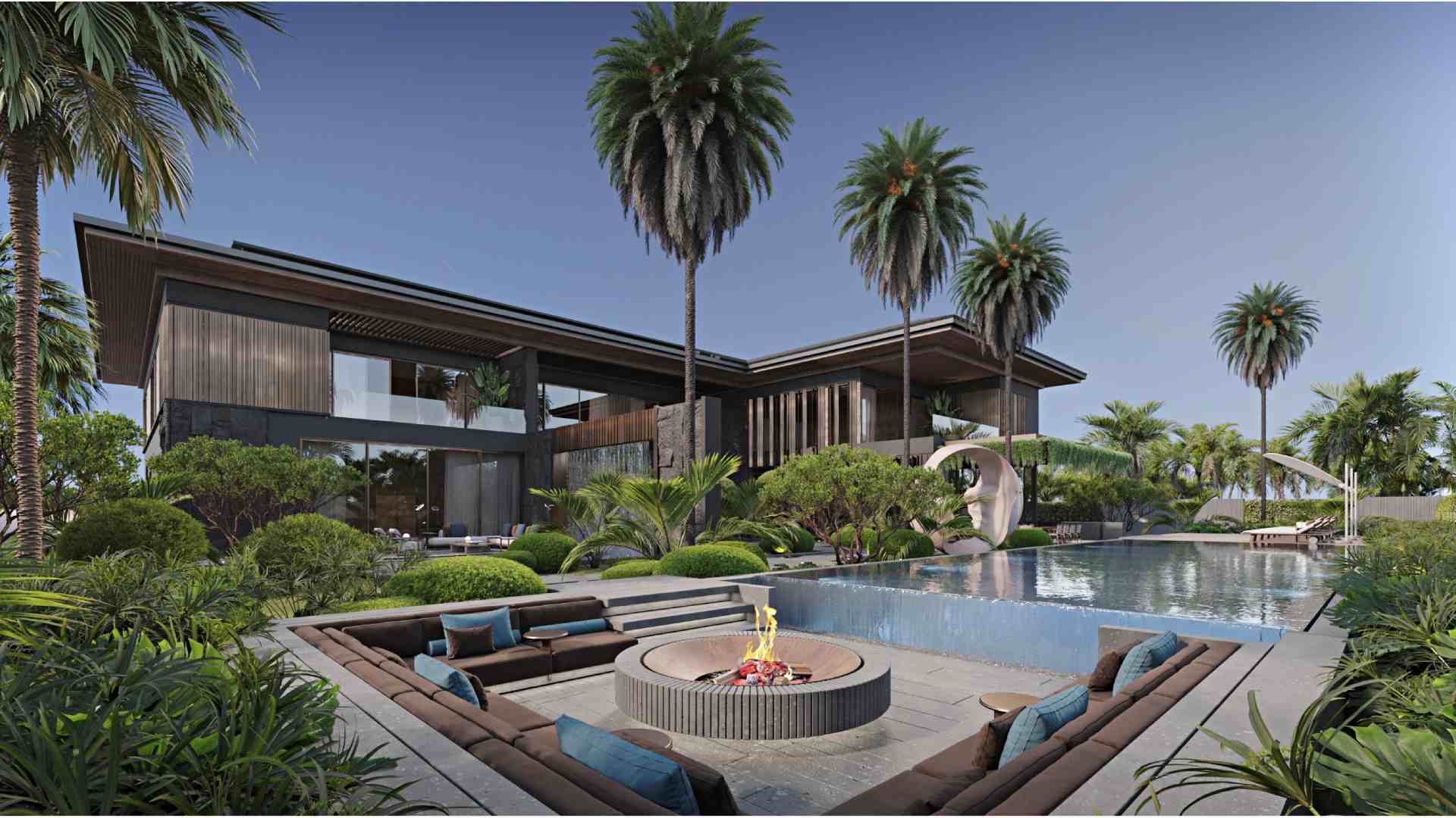 A modern luxury villa designed by NKEY Architects featuring a two‑storey contemporary structure with wood and glass facades, surrounded by palm trees, landscaped greenery, an infinity‑style swimming pool, a sculptural outdoor art piece, and a sunken seating area with a central fire pit in the foreground.