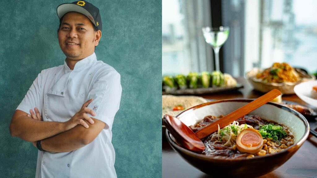 chef on one side and the other side with ramen