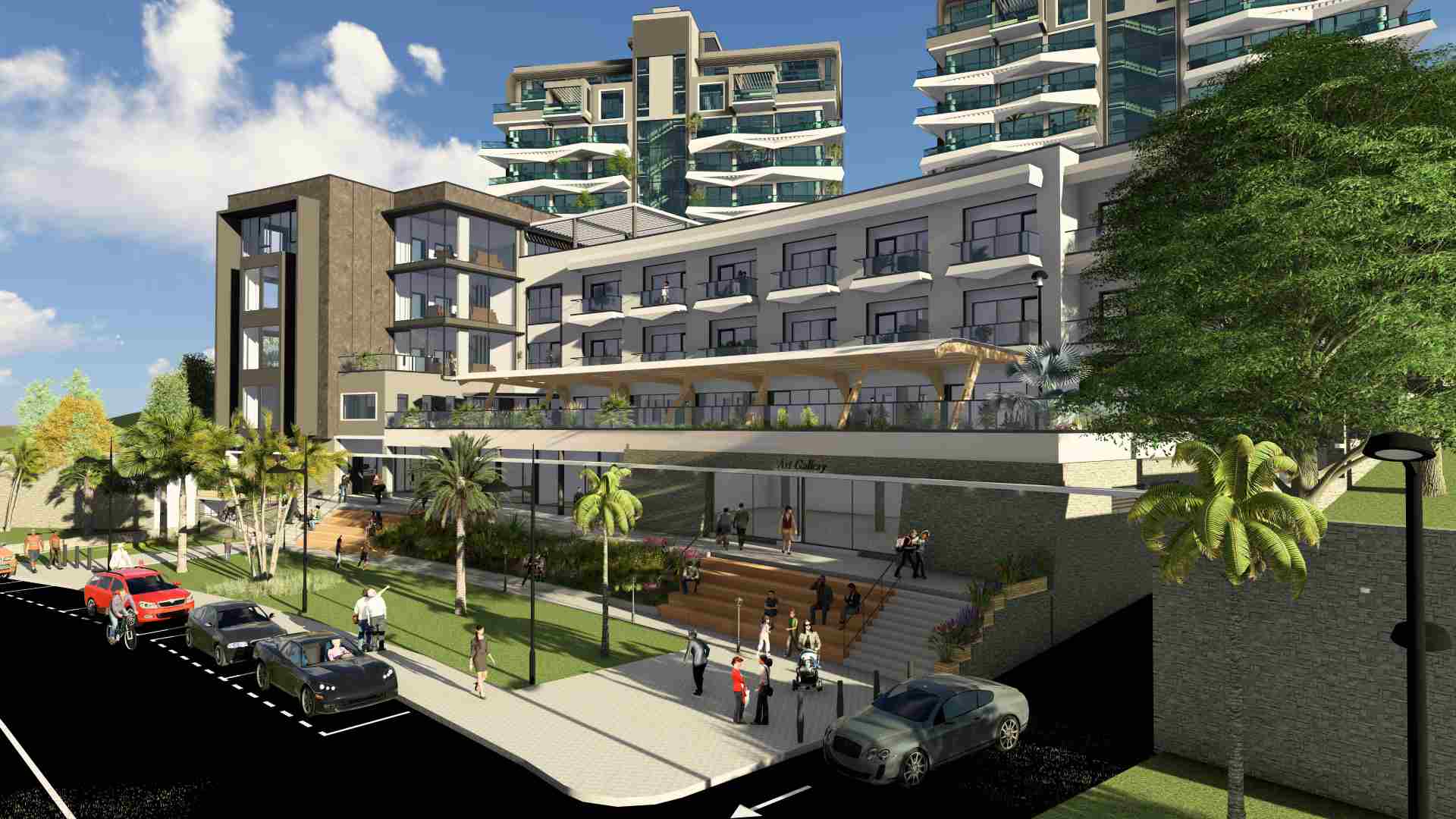 Architectural rendering of Best Western Premier Royal Golf View Kigali showing a modern hotel building with stepped terraces, balconies, landscaped frontage, pedestrians on sidewalks, parked cars, palm trees, and high‑rise residences in the background.