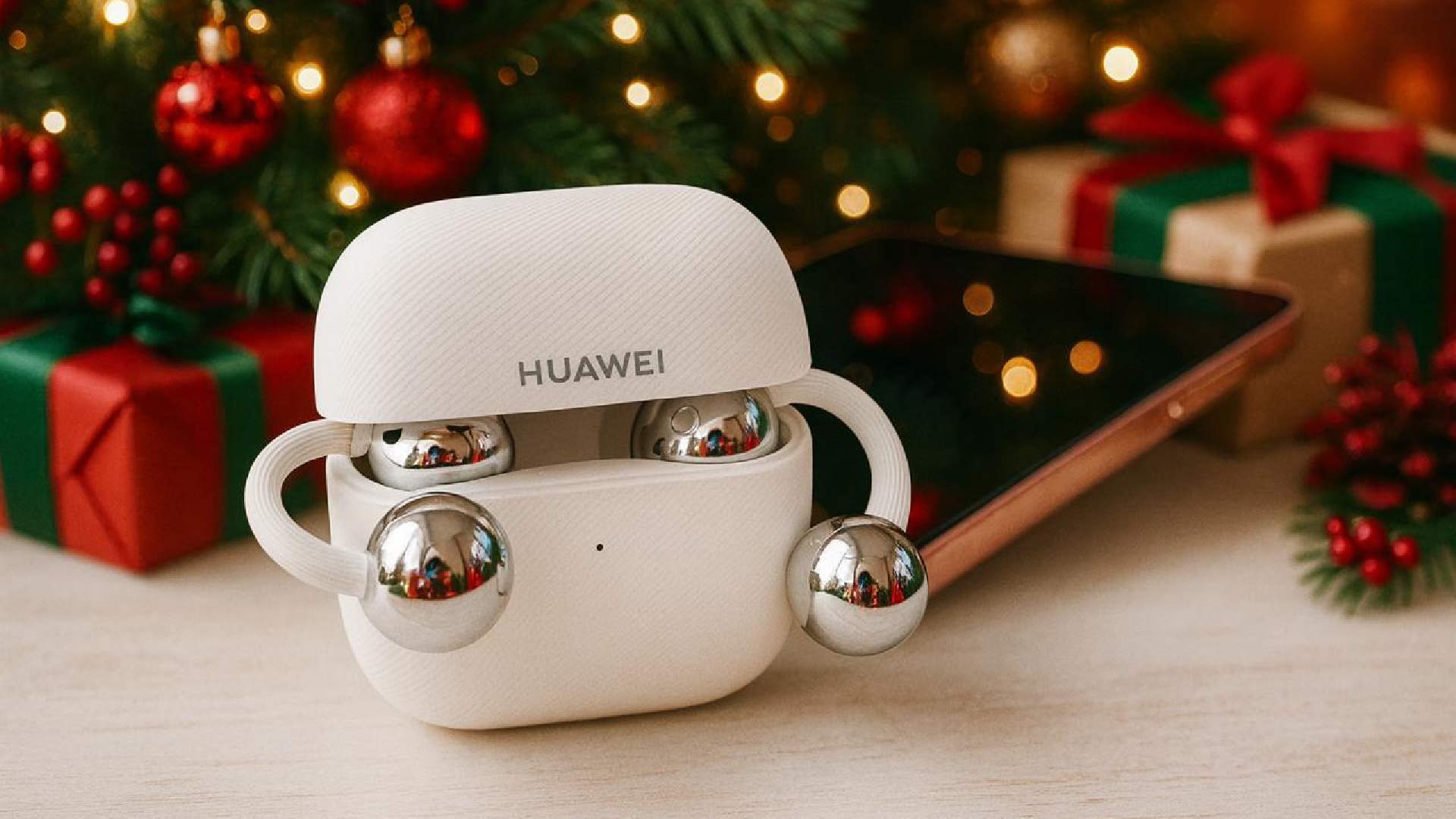 White HUAWEI FreeClip open‑ear earbuds inside an open charging case on a table, with a smartphone, Christmas tree, lights, and wrapped gift boxes in the background.