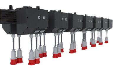 A close-up, perspective view of a Vertiv PowerBar Track system.