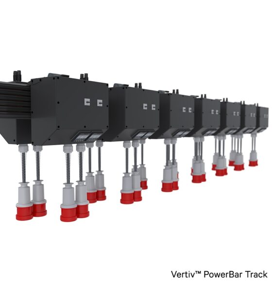 A close-up, perspective view of a Vertiv PowerBar Track system.