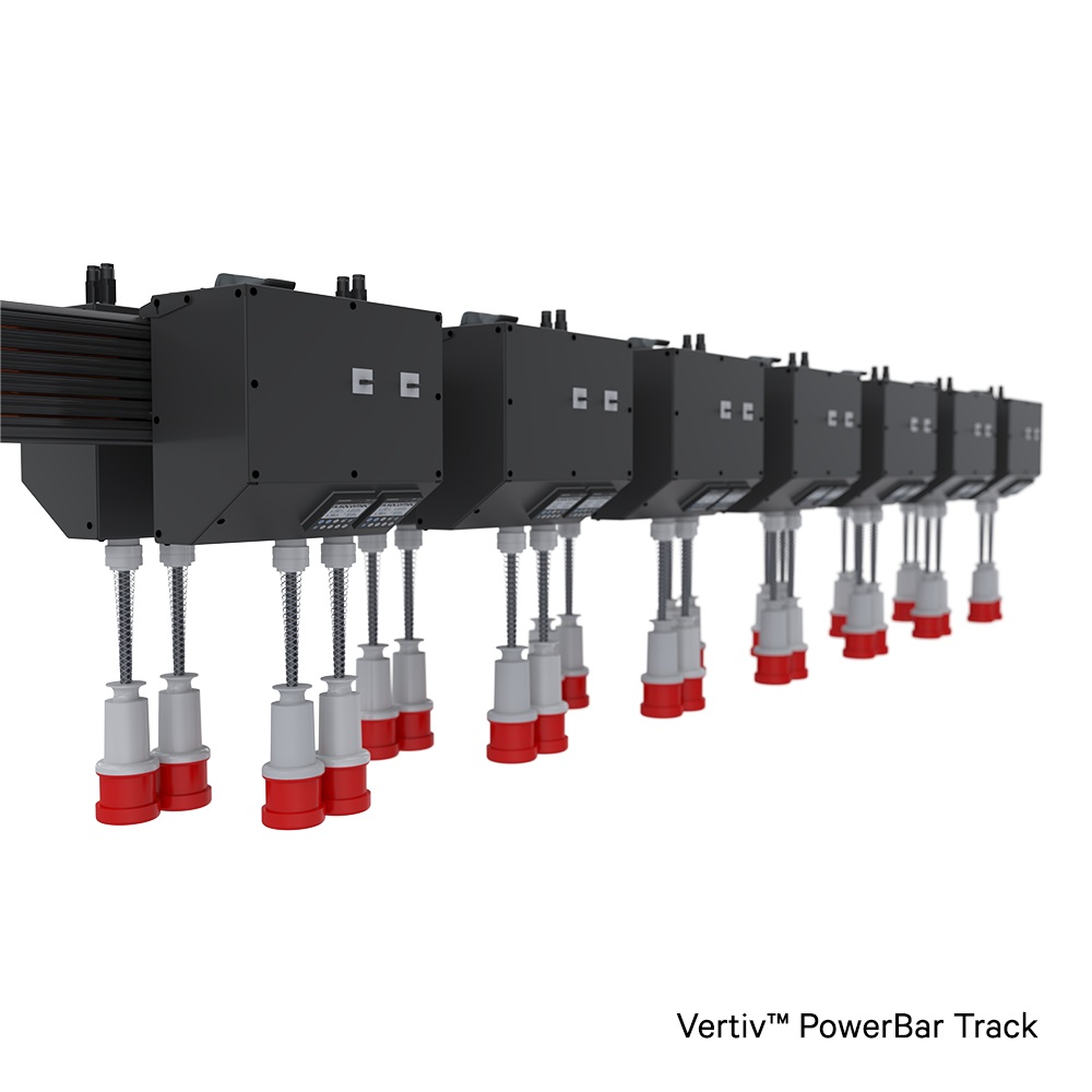 A close-up, perspective view of a Vertiv PowerBar Track system.