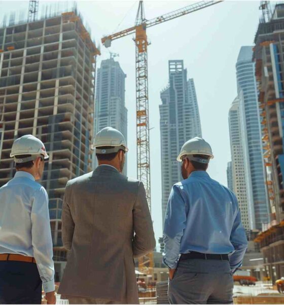 Three construction professionals wearing safety helmets stand on an active construction site in Dubai, facing multiple high-rise buildings under construction with tower cranes and concrete structures in progress, illustrating large-scale urban development and project execution.