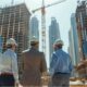 Three construction professionals wearing safety helmets stand on an active construction site in Dubai, facing multiple high-rise buildings under construction with tower cranes and concrete structures in progress, illustrating large-scale urban development and project execution.