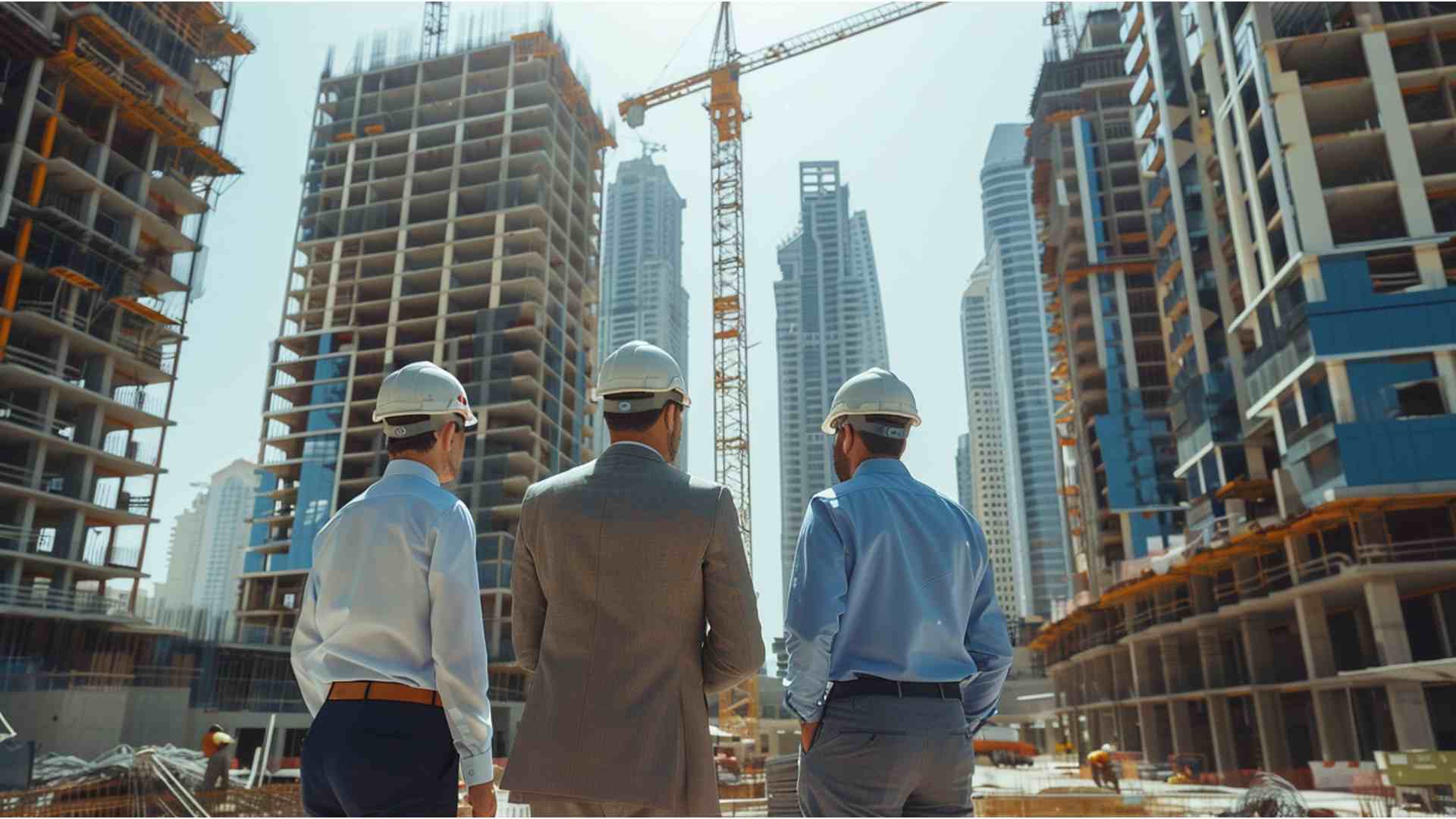 Three construction professionals wearing safety helmets stand on an active construction site in Dubai, facing multiple high-rise buildings under construction with tower cranes and concrete structures in progress, illustrating large-scale urban development and project execution.
