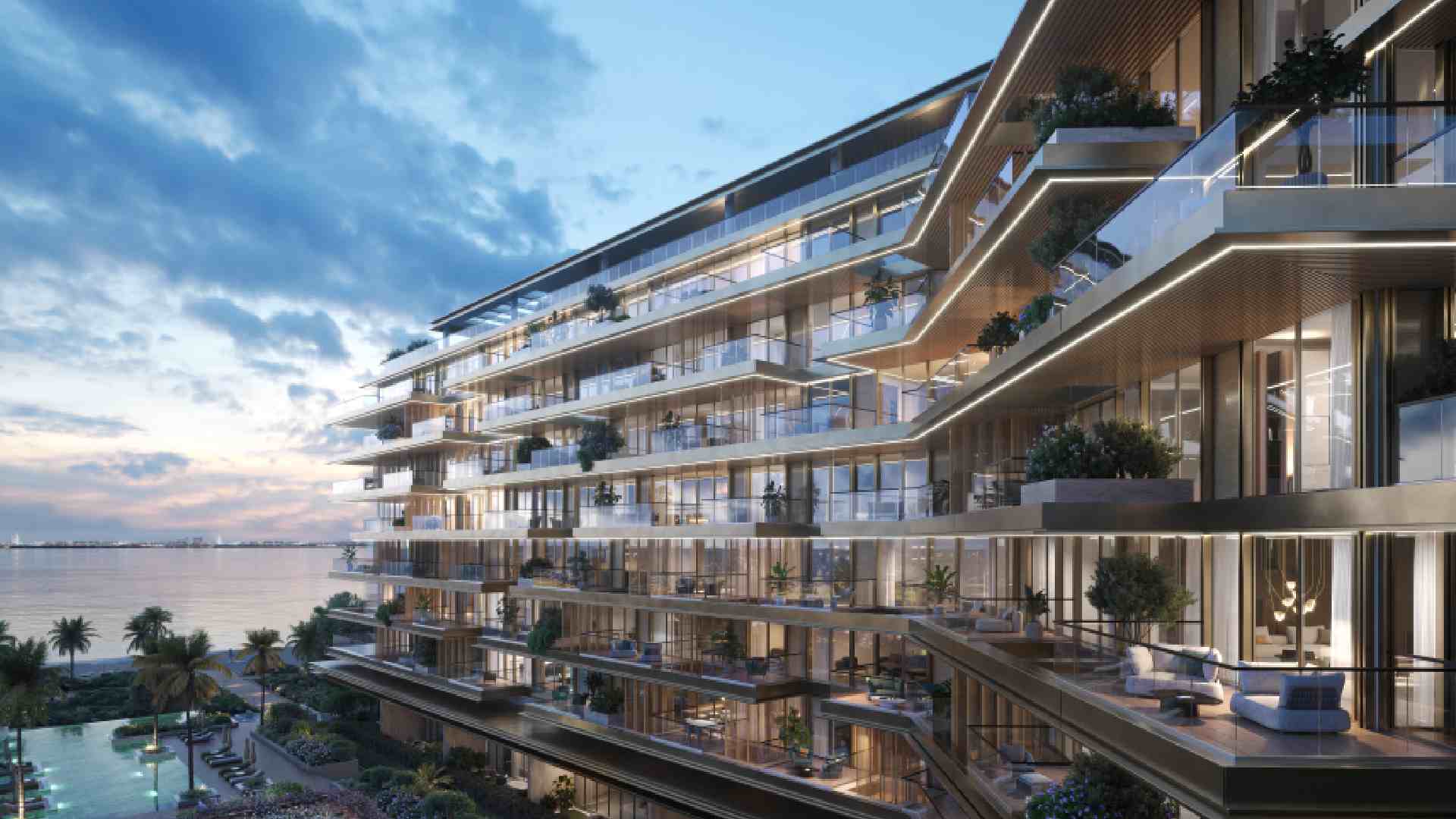 Architectural rendering of an AVENEW Development waterfront residential building at Dubai Islands, featuring multi‑level stepped balconies, floor‑to‑ceiling glass façades, landscaped terraces, and sea views at sunset.